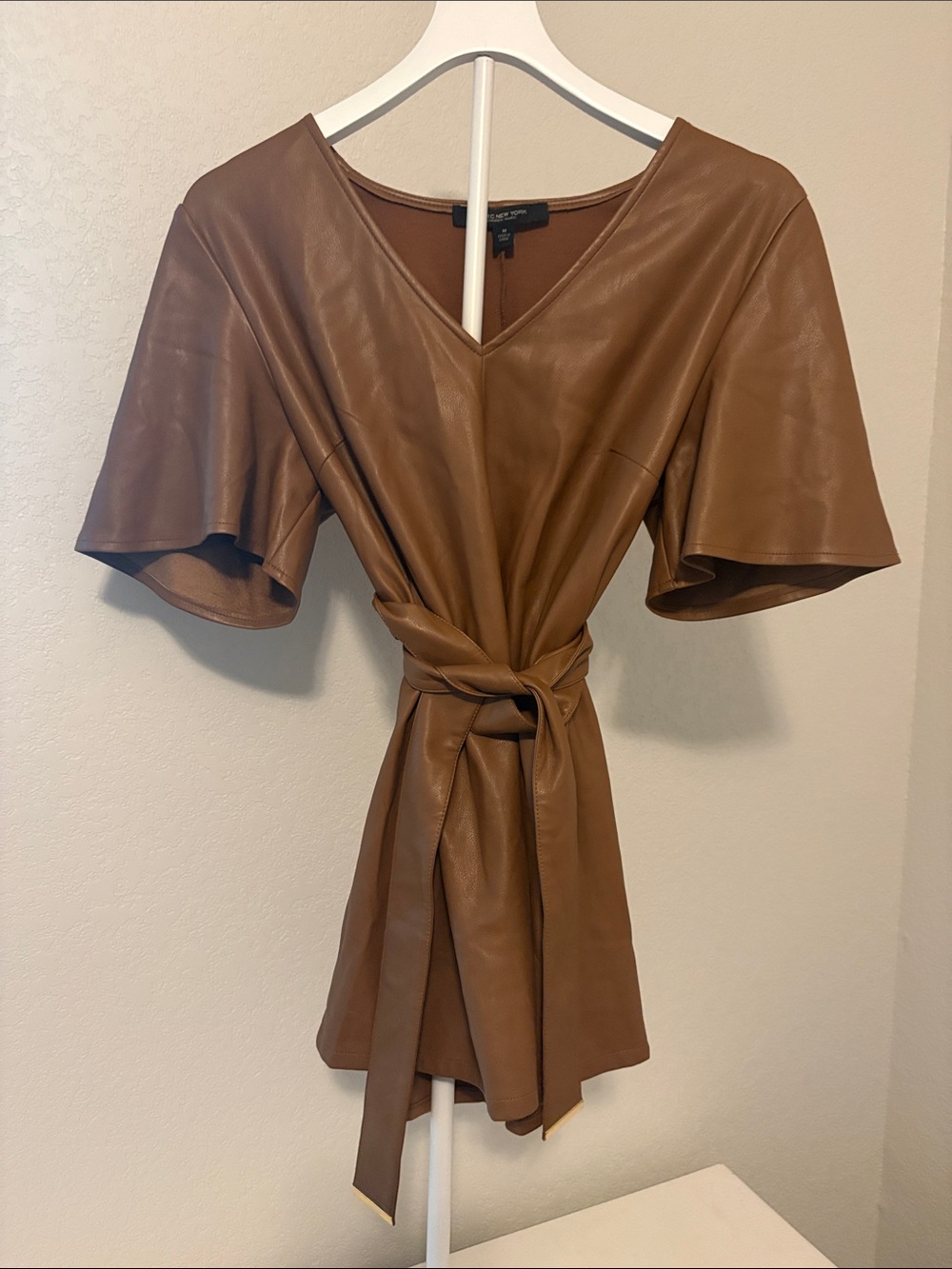 Faux Leather V-Neck Tie-Waist Mini Dress in Brown